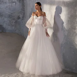 Puffy Sleeve Spaghetti Strap A-Line Sweetheart Wedding Dresses for Brida White Bridal Gowns Floor-Length Court Train Lace-Up