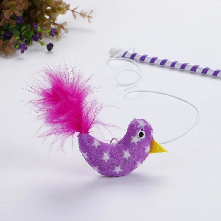 Purple Птица перьевая кошачья игрушка питомец Прорезыватель палочка котенок палка для игр Забавный красивый классический 2 цвета пластик без вреда долговечная активность - Цвет: Purple