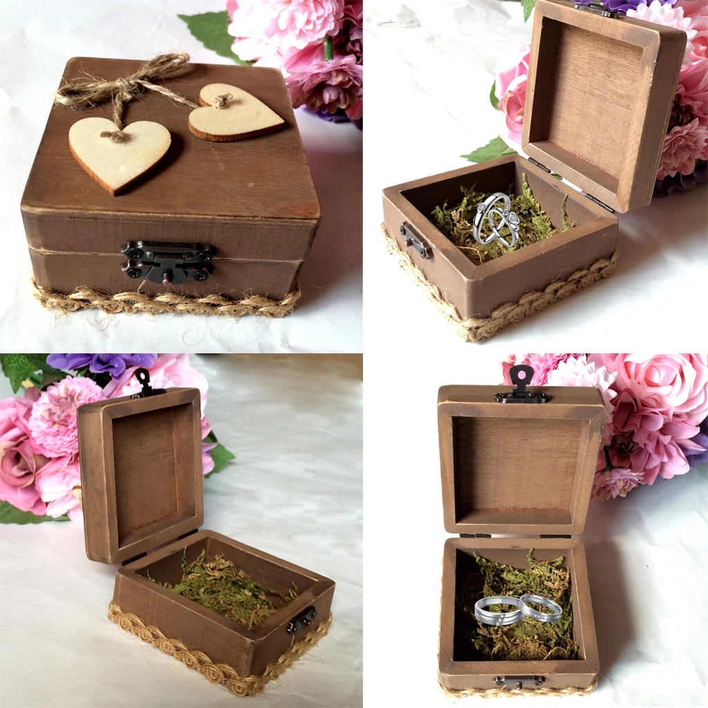 Wedding Ring Bearer Box w/ Heart Decor Wood Display Jewelry Ring Holder Case