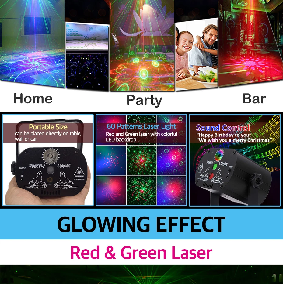 Светодиодный светильник для дискотеки, Рождественский лазерный проектор RGB 60 узоров, вечерние светильник, звуковой светильник s DJ, сценический светильник, украшение на Хэллоуин для дома