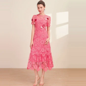 

Women hollow out lace dress new 2020 spring summer luxury designer short sleeve pink asymmetric floral embroidery dresses