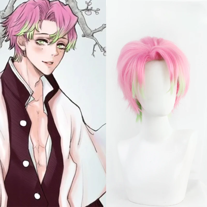 Demon Slayer Kanroji Mitsuri Cosplay Wig Kimetsu No Yaiba Costume Short Pink Mixed Green Synthetic Hair For Men's + Free Wig Cap ladies halloween costumes