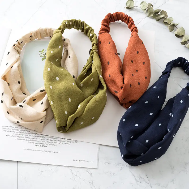 

2019 New Women Hair Elastic Dots Solid Print Twisted Knotted Hairband Stretch Scrunchy Blue Headband Girls Hair Accessories