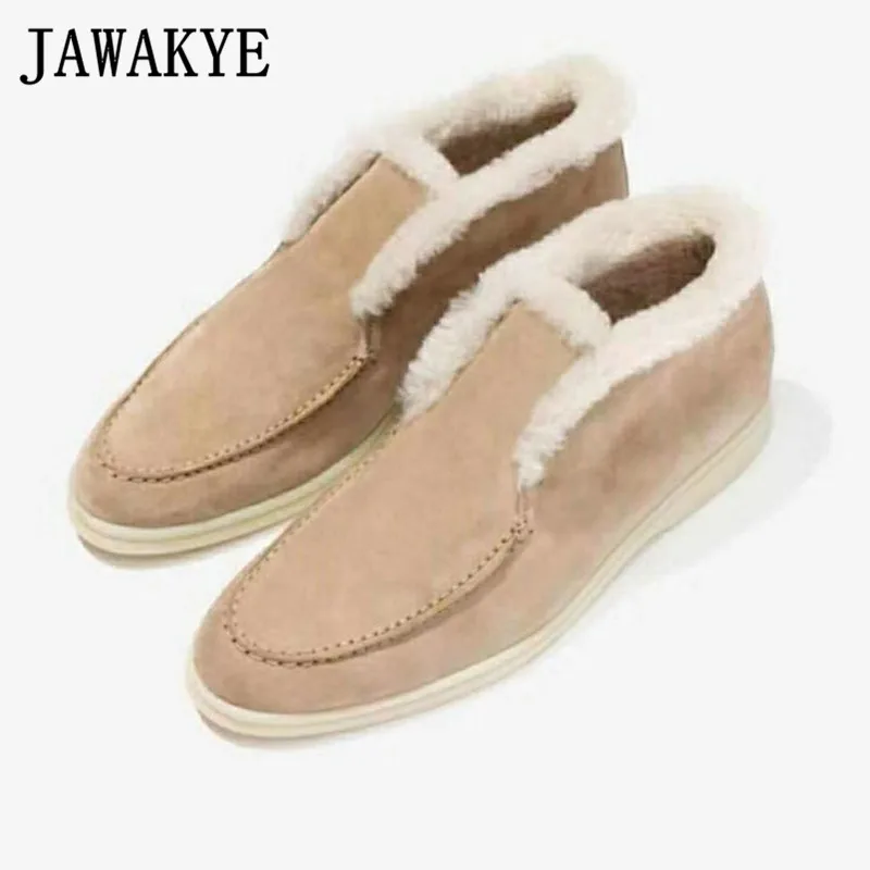 Ceny Zamszowe prawdziwe skórzane botki dla kobiet wysokie góry Slip on płaskie obcasy wełniany śnieg buty zimowe buty botas mujer prawdziwe zdjęcia