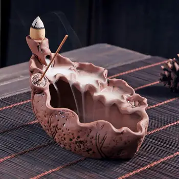 

Vintage Ceramic Lotus Backflow Incense Burner Chinese Flower Shape Waterfall Incense Holder Temple Censer Aromatic Home Decor