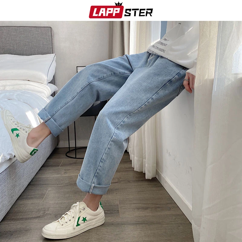 

LAPPSTER Men Vintage Kpop Light Blue Jeans 2023 Mens Casual Streetwear Loose Harem Pants Male Oversized High Waisted Denim Pants