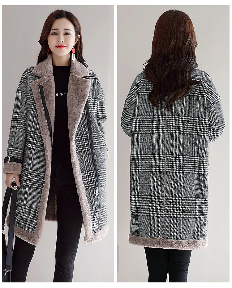 Winter thickening plus velvet mid-length woolen coat new Korean version of popular lamb lamb plaid woolen coat