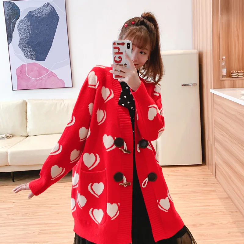 Женский свитер-пончо, длинный рукав, свободный стиль, узор в виде сердца, вязаный свитер на одной пуговице, пальто, женские зимние кардиганы, джемпер - Цвет: Красный