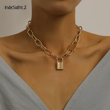 

IngeSight.Z Punk Gold Color Padlock Pendant Necklace Statement Miami Curb Cuban Thick Choker Necklaces Collar for Women Jewelry