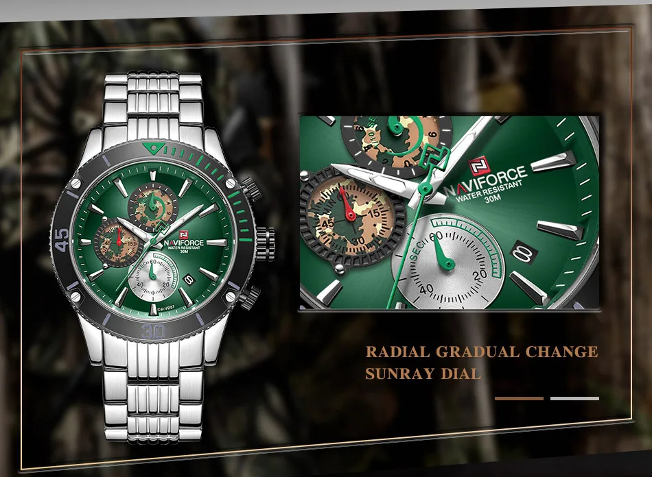 Top Luxury Brand NAVIFORCE Men Watch Fashion Silver Green Mens Quartz Watches Male Stainless Steel Sport Waterproof Wristwatches