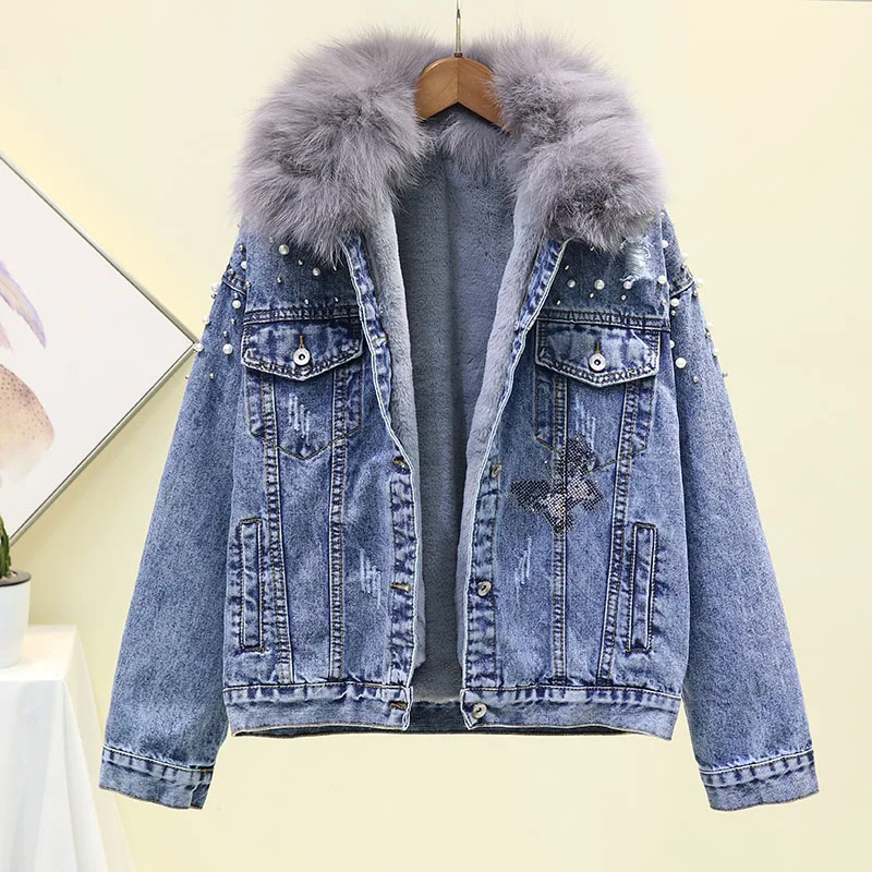 Осенне-зимняя джинсовая куртка Женская корейская мода Бисероплетение бриллиантами свободная Толстая овечья шерсть воротник из натурального меха джинсовое хлопковое пальто Верхняя одежда
