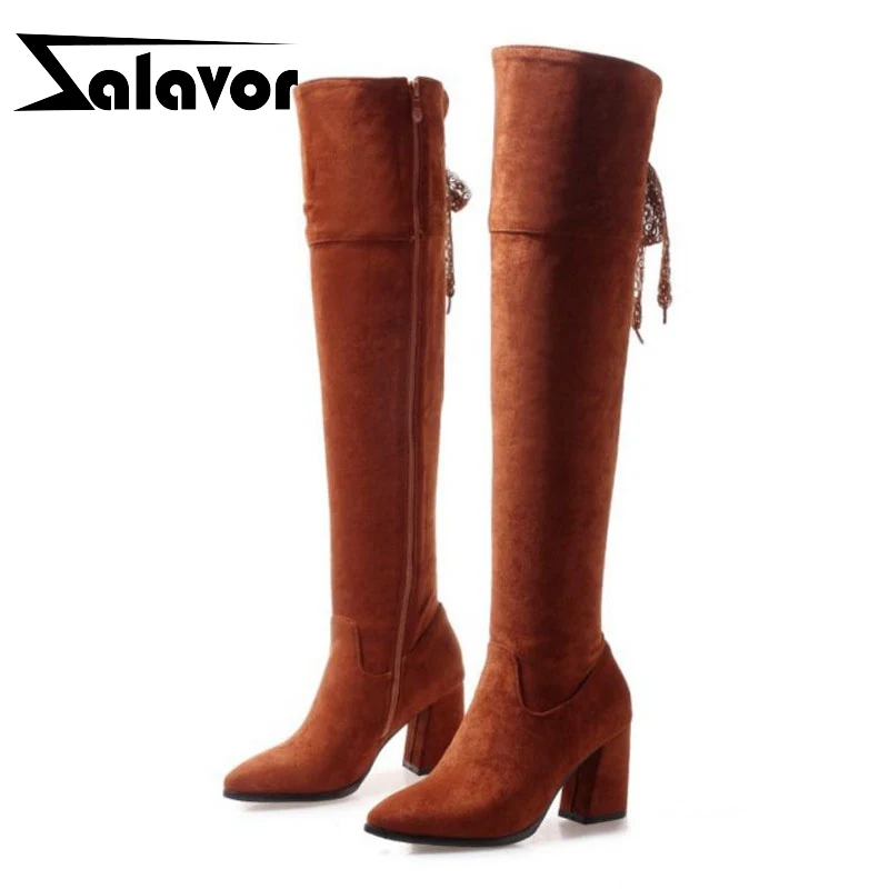 ZALAVOR Plus Size 32-47 Black Brown Winter Long Boots Lace Up Over The Knee Boots Chunky Heels Party Office Shoes Woman