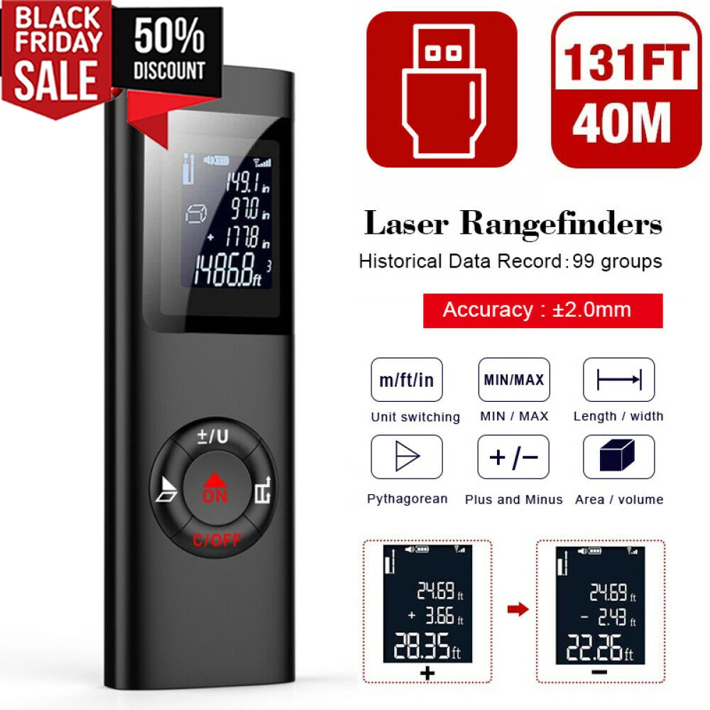 Многофункциональный цифровой лазерный дальномер с ЖК дисплеем и USB-зарядкой 40 м |