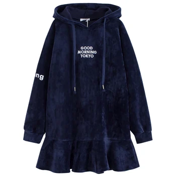 

Sporting Dress Women Autumn Winter Sweatshirt Letters Fall 2019 Thickening Velvet Loose Black Blue Ruffle Pullover Hoodies Dress