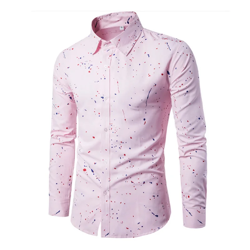 Fashionable Casual Blouse Men New Arrival Men Shirt Male Brand Clothing Printed Slim Social Business Shirt Men Pink Y