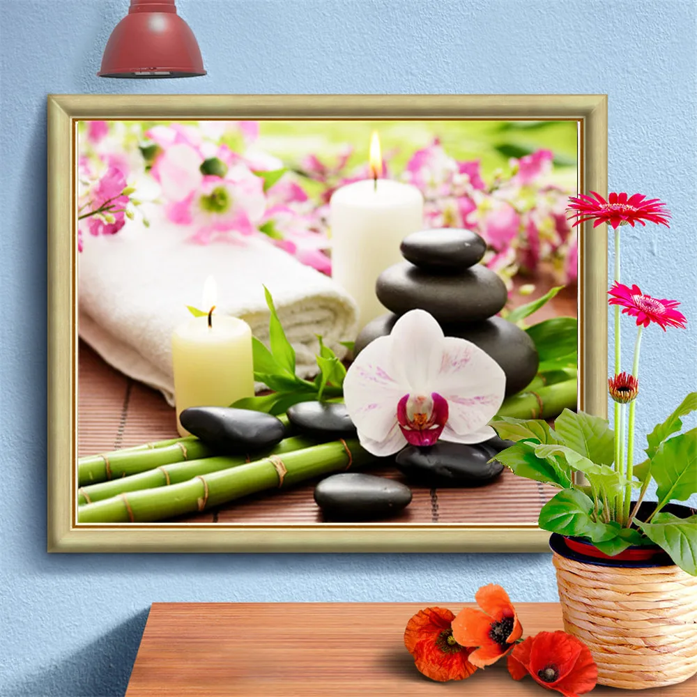 HUACAN полная квадратная Алмазная картина свечи Орхидея камни Алмазная вышивка крестиком Стразы мозаичная картина