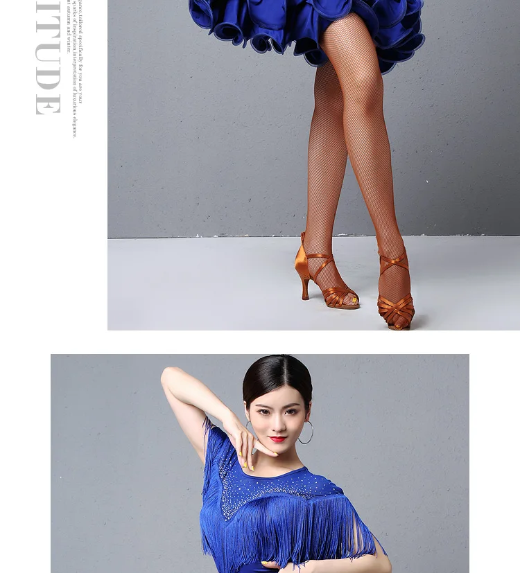 Новое поступление, платье для латинских бальных танцев, Короткие сетчатые рукава, юбка с кисточками для женщин, тренировочная одежда Chacha Samba, 3 цвета, B0119