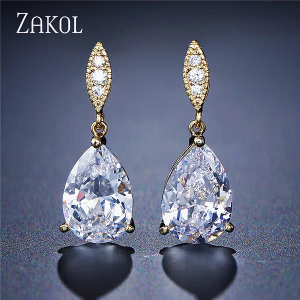 Gold Color Модные серьги-капли с кристаллами циркония ZAKOL,, свадебные украшения для женщин, FSEP2040 - Окраска металла: Gold Color