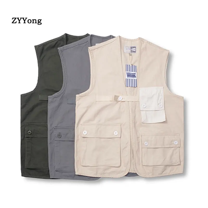 Vintage Multi-pocket Men's Vest Coat Solid Cotton Sleeveless Jacket Men Fashion Street wear Hip Hop Casual Waistcoat Male