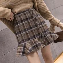 Lychee, Harajuku, клетчатая Женская юбка с принтом, высокая талия, оборки, пуговицы, мини, женские юбки, повседневные, расклешенные, Осень-зима, для девушек