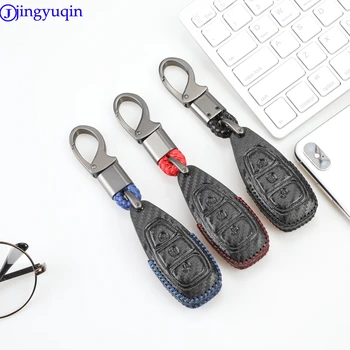 

jingyuqin Carbon Leather Car Key Case Cover for Ford Fiesta Focus Mondeo Ecosport Kuga Focus Procted Smart Key