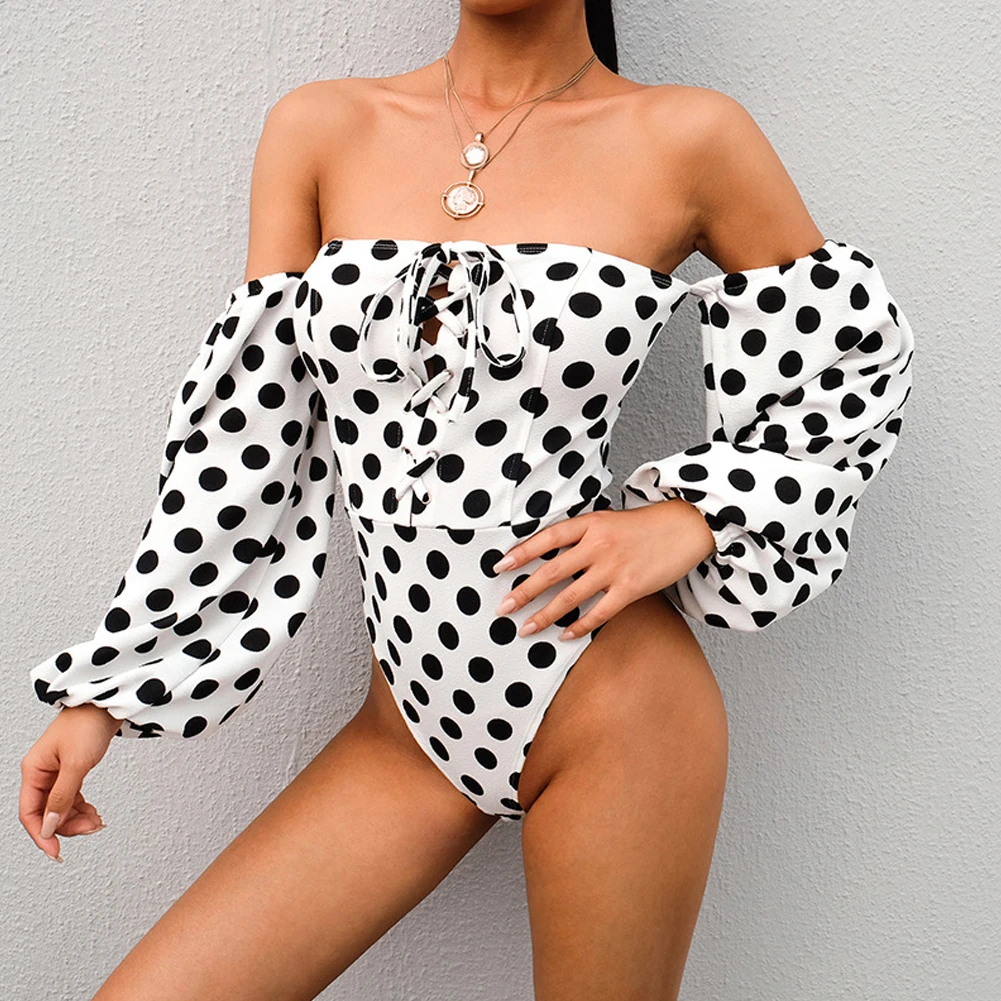 Ladies Womens Off Shoulder Romper Jumpsuit Long Sleeve Body Top Polka Dot Plain Stretch Bardot Bodysuit Leotard Tops