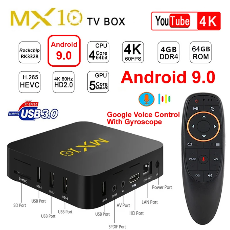 MX10 Android 9,0 Smart tv Box RK3328 Четырехъядерный 4G Ram 64G Rom HDR 4K H.265 USB 3,0 2,4G Wifi IP tv умная приставка медиаплеер