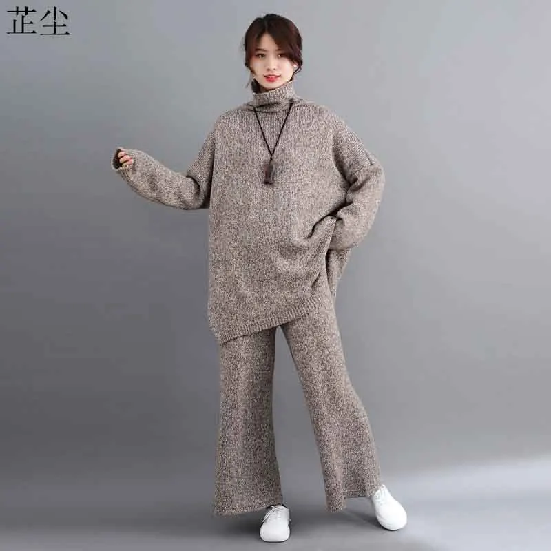 2 Piece Set Plus Size Women Sweater Sets 2019 Autumn Winter Vintage Knitting Suit Big Size Turtlene