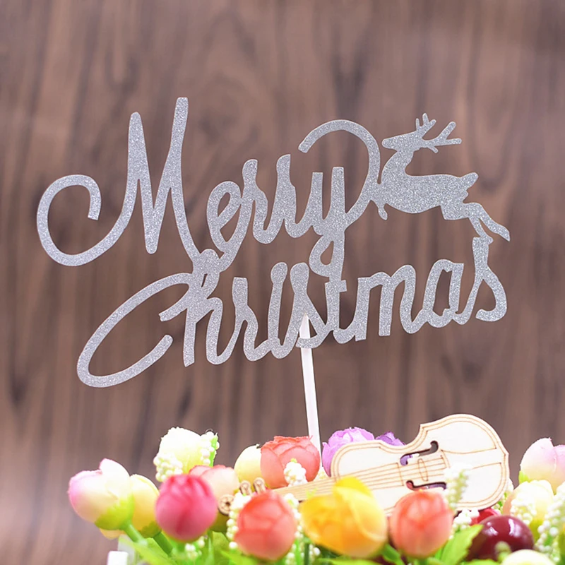 Merry Christmas Elk Cake Topper Snowflake Cupcake Card Ornament Party Decoration