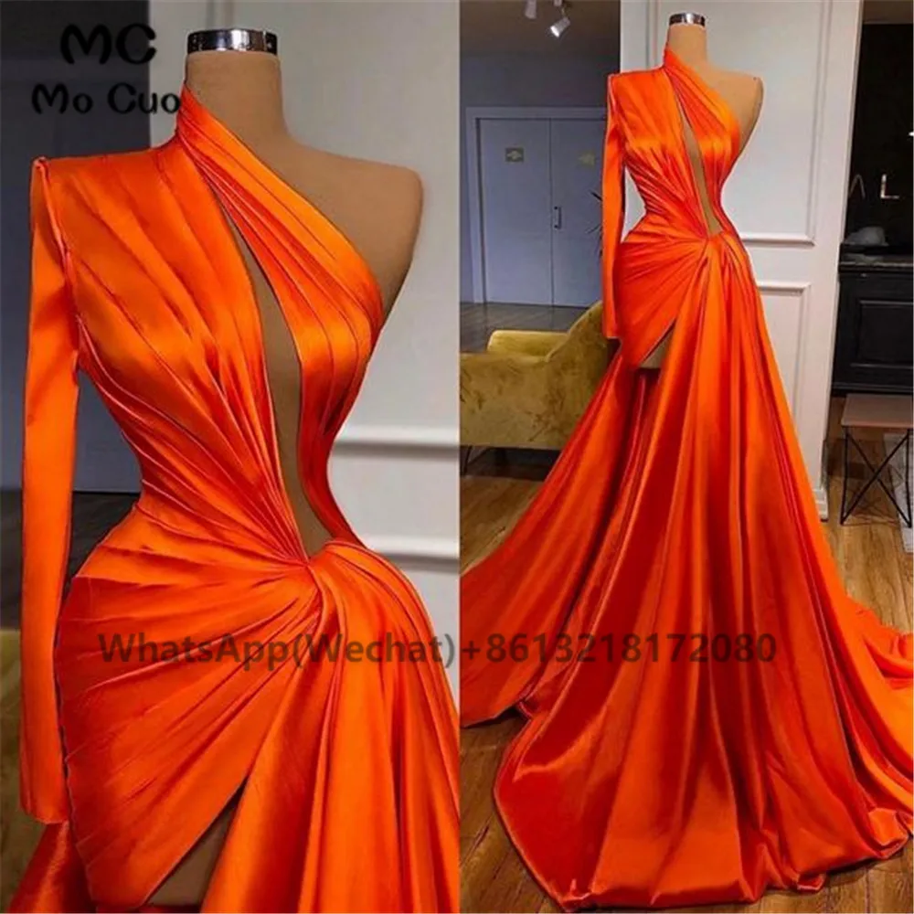 

2023 One Shoulder Long Sleeves Prom Dresses Long Pockets Pleat Hard Satin Women's Evening Prom Gown Custom Made