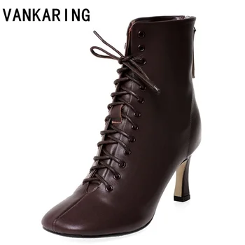 

women leather boots fashion retro high heels autumn winter lace up woman martin boots square toe ankle boots female shoes heels