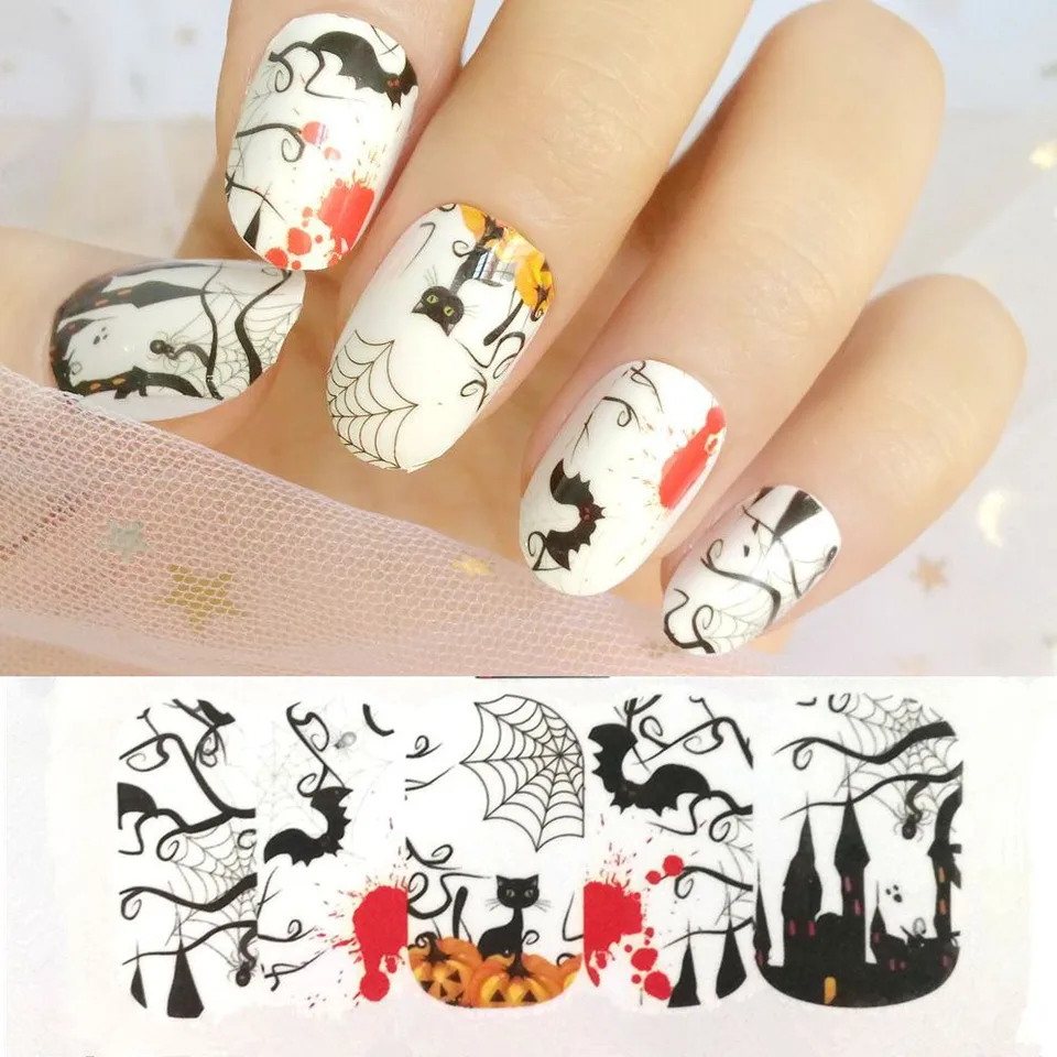 Halloween Nail Sticker Sexy Cat Bat Haunted House Nail Stickers For Lady Fake Nails Art Decoration For Manicure Stickers Decals Aliexpress