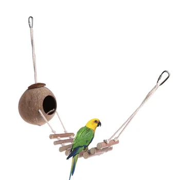 

2 Type Cute Comfortable Design Natural Coconut Shell Bird Nesting House Small Size Pet Parakeet Finche Sparrows Cage With Ladder