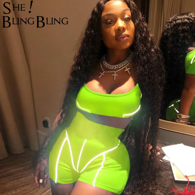 SheBlingBling Светоотражающая полоса неоновый фитнес стиль 2019 летняя одежда короткий