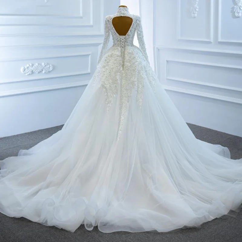 J67218 jancember White Wedding Dress 2020 Pearls Plus Size High Neck Appliques Lace Up Back Ball Gown 2