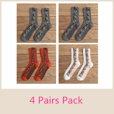4 пары в упаковке; Mori Girl; зимние вязаные носки с цветочной вышивкой - Цвет: 4 Pairs Pack