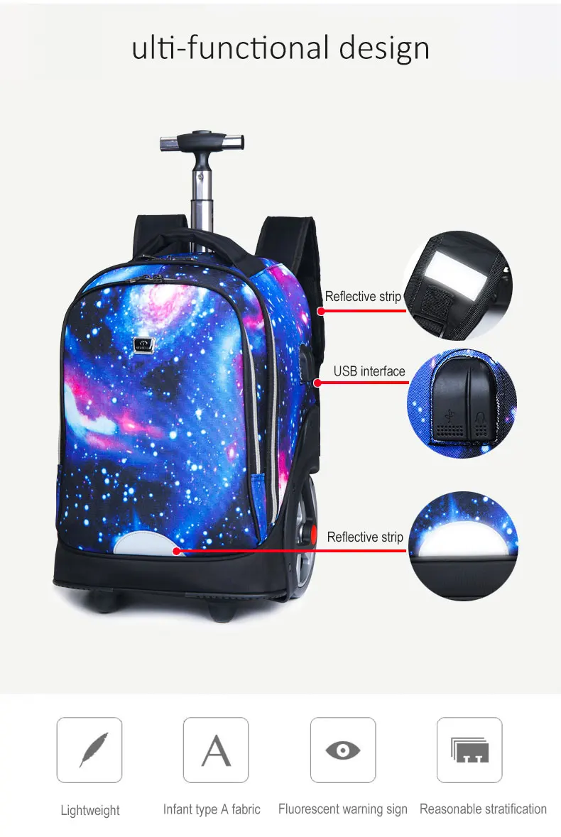 Милый Galaxy женский рюкзак для девочек-подростков, студенческие рюкзаки с колесами, тяга, Повседневная дорожная сумка, органайзер, прочная сумка