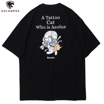 

Aolamegs Men's T Shirt Cartoon Tattoo Cat Print t shirt men O-Neck Baggy Casual Vintage Harajuku Tees Summer Fashion Streetwear