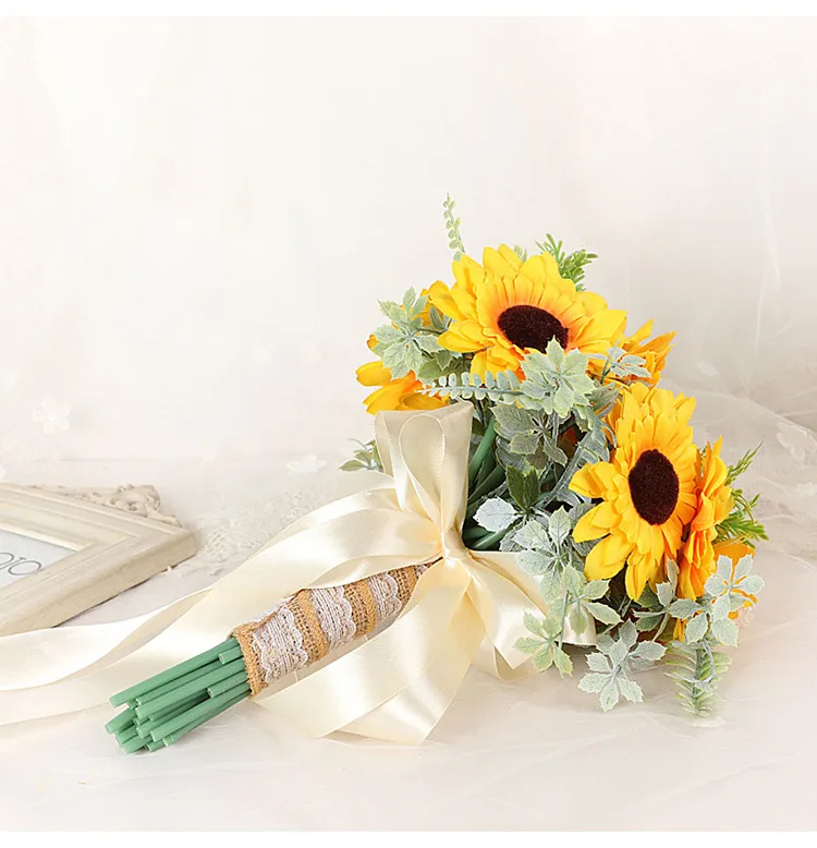 Ribbon Silk Yellow Sunflower Aritificial Handmade Bridal Bouquet for Wedding Indoor Decoration Party Event Supplies