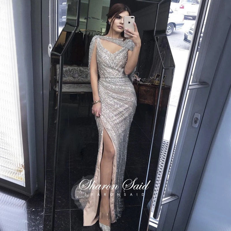 rose gold prom dress Luxury Silver Mermaid Dubai Evening Dress with Cape 2022 Heavy Beaded Side Slit Prom Dresses for Women Wedding Party Formal Gown burgundy prom dresses