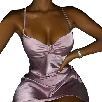 

Women Camisole Dress Silk Feel Deep V Fold Decoration Simple Solid Color Summer Sexy Lingerie Nightdress Sleepwear