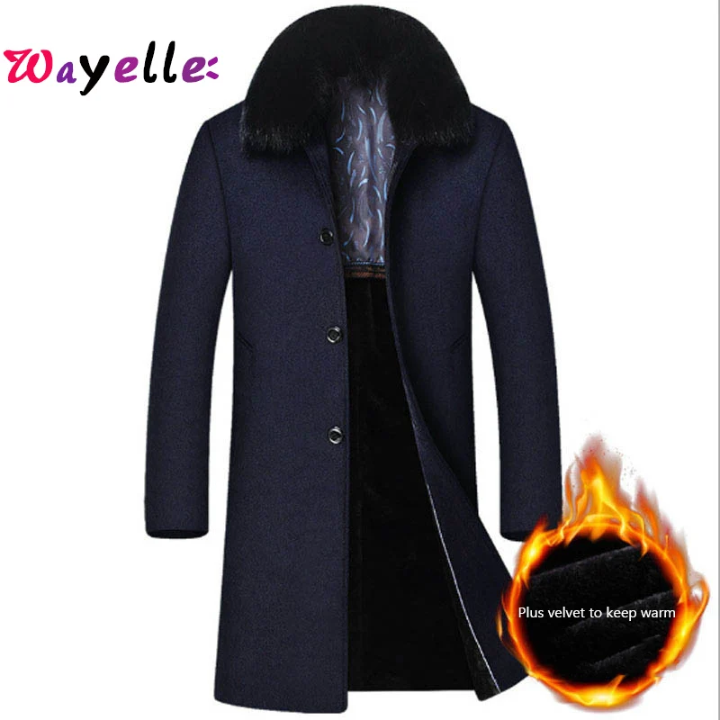 Long Woolen Coat Men Winter Fashion Thicken Warm Fur Collar Long Trench Coat Men Single Breasted Woolen Overcoats Men