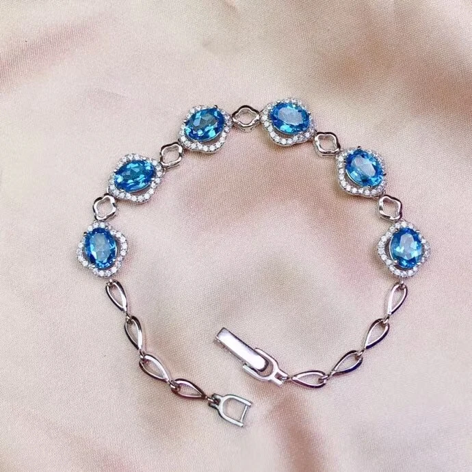 

Fashion Bulge round Clover Natural blue topaz Bracelet Natural gemstone Bracelet 925 silver bracelet girl party gift jewelry
