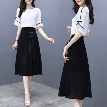

Shirt Skirt Two-Piece Female Temperament Goddess Suit Korean Version Of The Design Sweet Classic Western Black Fabric