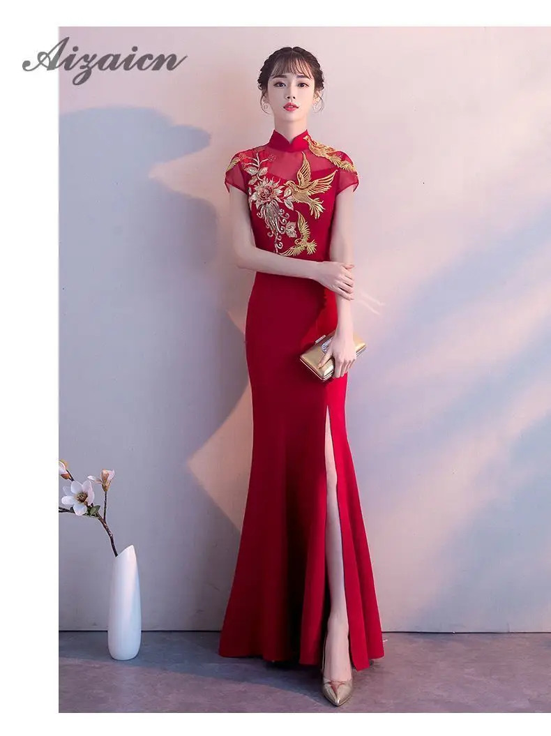 Вышивка Cheongsam длинное традиционное китайское винтажное платье красное свадебное платье Русалка сексуальное платье Ципао с разрезом Современные платья