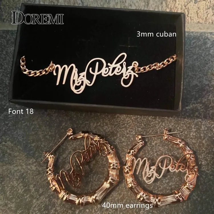DOREMI Name Earrings and Necklace set 3MM Cuban Chain Round Bamboo Earrings Custom Bamboo HoopLetter Personalised Name Earrings