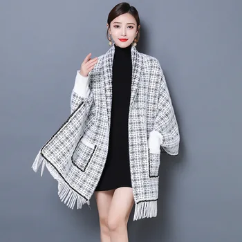 

2019 Autumn/winter Velvet Houndstooth Cape Women's Jacket with Cheongsam Cardigan Shawl Tops Coat 96