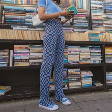 

WeiYao Casual Knitted Sweatpants Women Baggy Pants High Waist Vintage Summer Harajuku Plaid Pants 2021 Spring Brown 90S