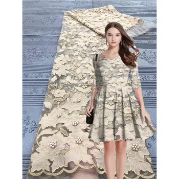 

african embroidered beaded lace fabric for wedding party dress 2020 high quality french tulle lace fabric with pearl 5yards