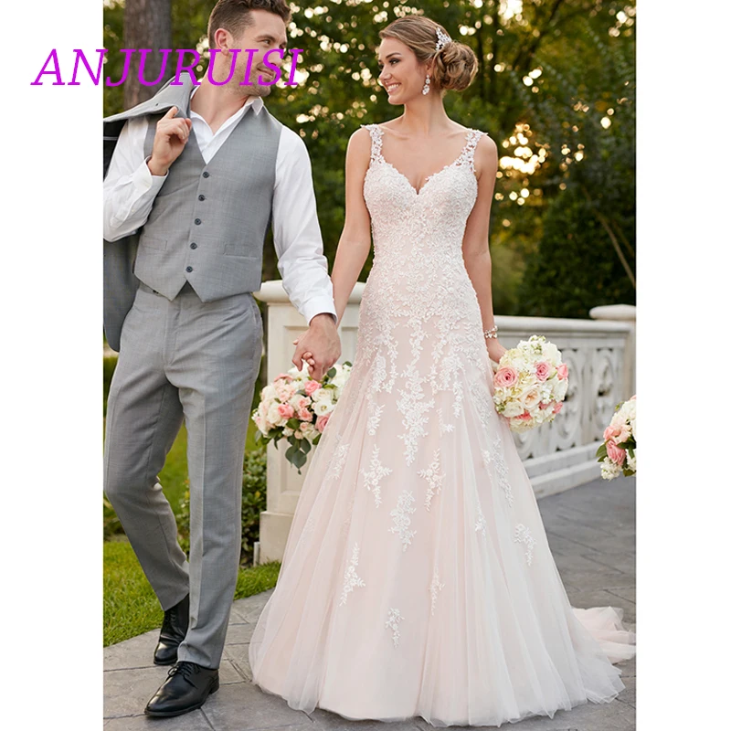 

ANJURUISI Elegant Wedding Dress 2019 Boho Lace Bridal Dress Appliques Spaghetti Strap Tulle Romatic Wedding Gowns trouwjurken